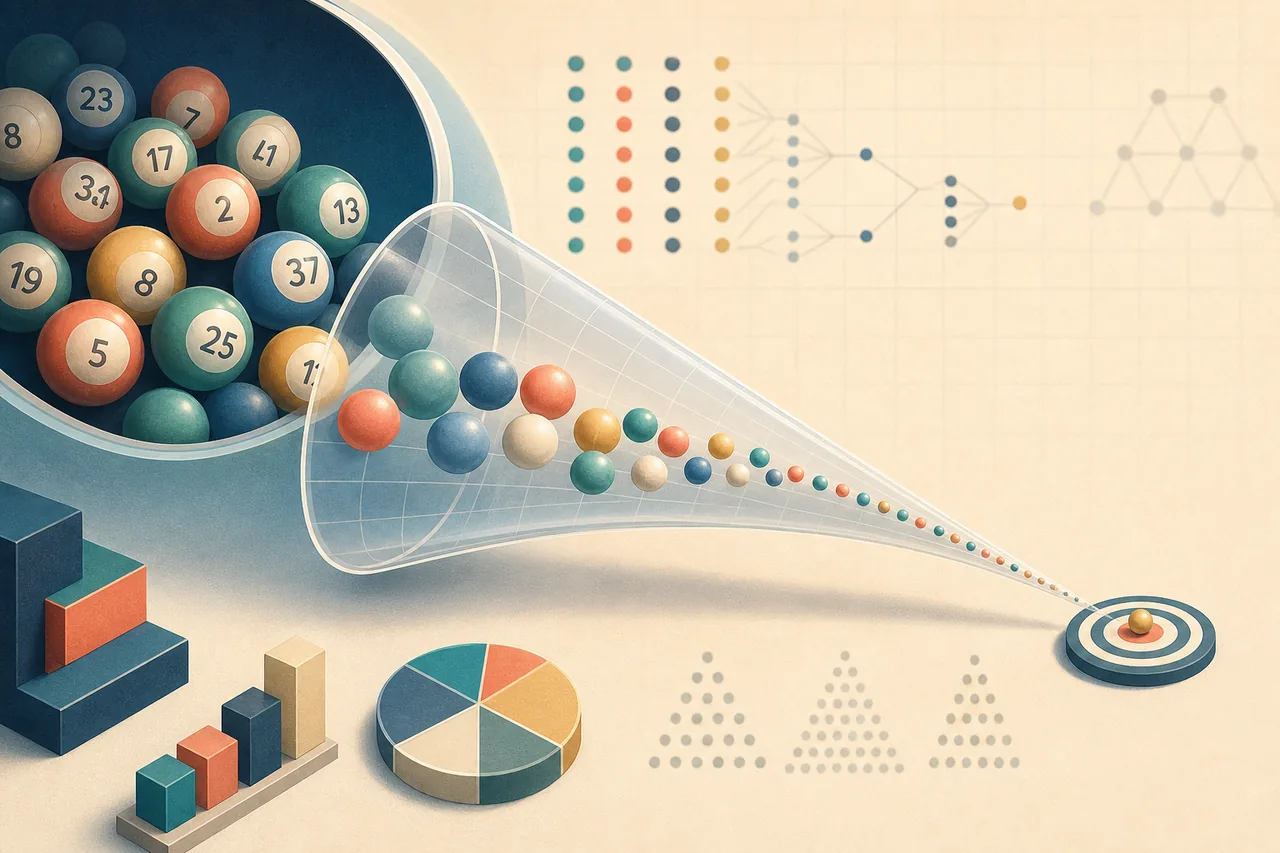 Editorial illustration of lottery balls passing through a probability funnel